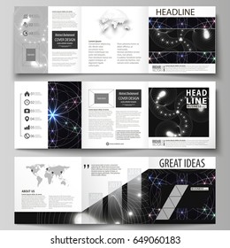 Set of business templates for tri fold square design brochures. Leaflet cover, abstract flat layout, easy editable vector. Sacred geometry, glowing geometrical ornament. Mystical background