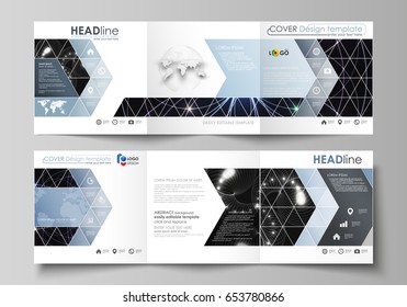 Set of business templates for tri fold square design brochures. Leaflet cover, abstract flat layout, easy editable vector. Sacred geometry, glowing geometrical ornament. Mystical background