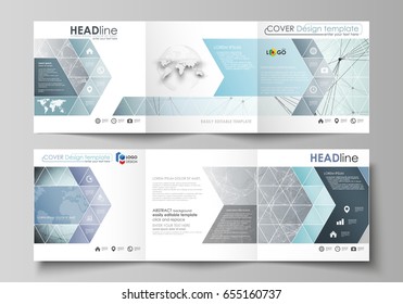 Set of business templates for tri fold square design brochures. Leaflet cover, abstract vector layout. Chemistry pattern, connecting lines and dots, molecule structure, scientific medical DNA research