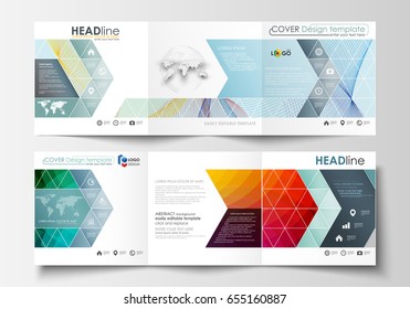 Set of business templates for tri fold square brochures. Leaflet cover, flat layout, easy editable vector. Colorful design background with abstract shapes and waves, overlap effect
