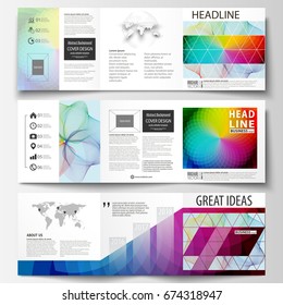 Set of business templates for tri fold square brochures. Leaflet cover, flat layout, easy editable vector. Colorful design background with abstract shapes and waves, overlap effect.