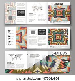 Set of business templates for tri fold square design brochures. Leaflet cover, abstract vector layout. Tribal pattern, geometrical ornament in ethno syle, ethnic backdrop, vintage fashion background.