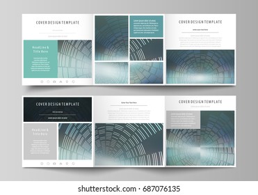 Set of business templates for tri fold square design brochures. Leaflet cover, abstract flat layout, easy editable vector. Technology background in geometric style made from circles.