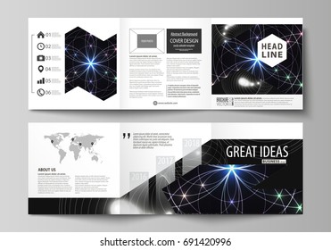 Set of business templates for tri fold square design brochures. Leaflet cover, abstract flat layout, easy editable vector. Sacred geometry, glowing geometrical ornament. Mystical background.