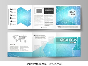 Set of business templates for tri fold square design brochures. Leaflet cover, vector layout. Chemistry pattern, connecting lines and dots, molecule structure, medical DNA research. Medicine concept.