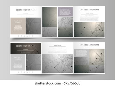 Set of business templates for tri fold square design brochures. Leaflet cover, abstract vector layout. Chemistry pattern, molecule structure on gray background. Science and technology concept.
