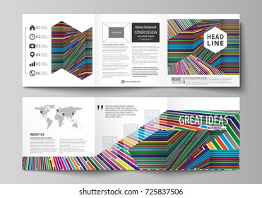 Set of business templates for tri fold square design brochures. Leaflet cover, abstract vector layout. Bright color lines, colorful style with geometric shapes forming beautiful minimalist background.