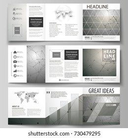 Set of business templates for tri fold square design brochures. Leaflet cover, abstract vector layout. Chemistry pattern, molecule structure on gray background. Science and technology concept