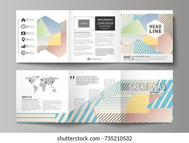 Set of business templates for tri fold square brochures. Leaflet cover, abstract flat layout, easy editable vector. Minimalistic design with lines, geometric shapes forming beautiful background.