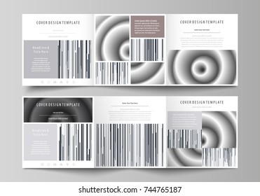 Set of business templates for tri fold square design brochures. Leaflet cover, abstract flat vector layout. Simple monochrome geometric pattern. Minimalistic background. Gray color shapes.