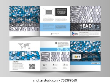 Set of business templates for tri fold square design brochures. Leaflet cover, layout, easy editable vector. Blue and gray color hexagons in perspective. Abstract polygonal style modern background.