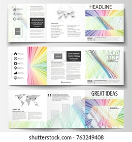 Set of business templates for tri fold square brochures. Leaflet cover, flat layout, easy editable vector. Colorful background with abstract waves, lines. Bright color curves. Motion design.