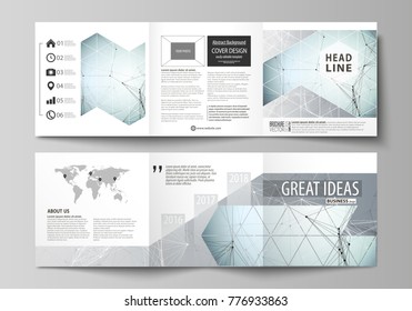 Set of business templates for tri fold square design brochures. Leaflet cover, abstract vector layout. Chemistry pattern, connecting lines and dots, molecule structure, scientific medical DNA research