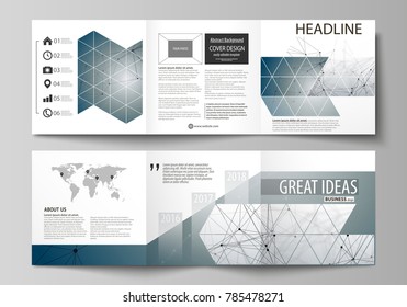 Set of business templates for tri fold square design brochures. Leaflet cover, abstract vector layout. DNA and neurons molecule structure. Medicine, science, technology concept. Scalable graphic.