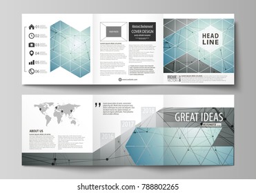 Set of business templates for tri fold square design brochures. Leaflet cover, vector layout Geometric background, connected line and dots. Molecular structure. Scientific, medical, technology concept