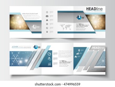 Set of business templates for tri-fold brochures. Square design. Leaflet cover, abstract flat layout, easy editable blank. Christmas decoration, vector background with shiny snowflakes, stars