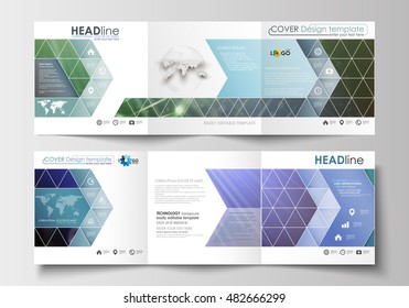 Set of business templates for tri-fold brochures. Square design. Leaflet cover, flat layout, easy editable blank. DNA molecule structure, science background. Scientific research, medical technology