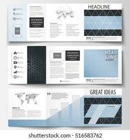 Set of business templates for tri-fold brochures. Square design. Leaflet cover, easy editable vector layout. Chemistry pattern, hexagonal molecule structure. Medicine, science and technology concept.