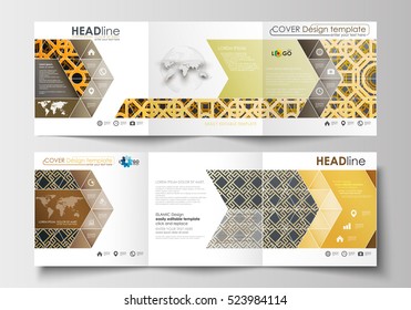 Set of business templates for tri-fold brochures. Square design. Leaflet cover, flat layout. Islamic gold pattern, overlapping geometric shapes forming abstract ornament. Vector golden texture.