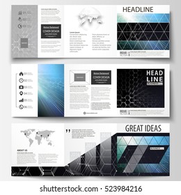 Set of business templates for tri-fold brochures. Square design. Leaflet cover, easy editable vector layout. Chemistry pattern, hexagonal molecule structure. Medicine, science and technology concept.