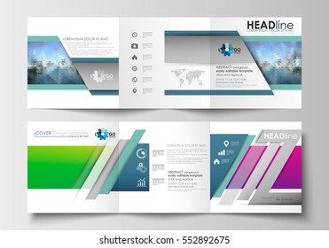 Set of business templates for tri-fold brochures. Square design. Leaflet cover, flat layout, easy editable blank. Abstract triangles, blue triangular background, modern colorful polygonal vector.
