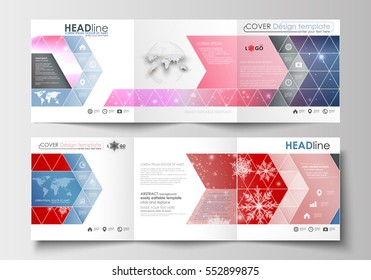 Set of business templates for tri-fold brochures. Square design. Leaflet cover, abstract flat layout, easy editable blank. Christmas decoration, vector background with shiny snowflakes.
