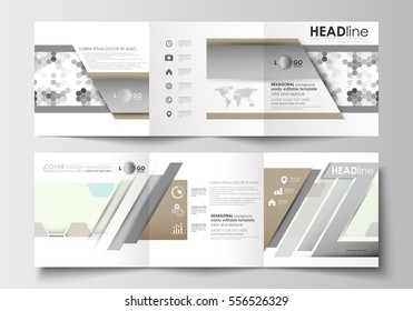 Set of business templates for tri-fold brochures. Square design. Leaflet cover, flat layout, easy editable blank. Abstract gray color background, modern stylish hexagonal vector texture.
