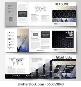 Set of business templates for tri-fold brochures. Square design. Leaflet cover, easy editable vector layout. Chemistry pattern, hexagonal molecule structure. Medicine, science and technology concept