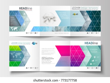 Set of business templates for tri-fold brochures. Square design. Leaflet cover, flat layout, easy editable blank. Abstract triangles, blue triangular background, modern colorful polygonal vector.