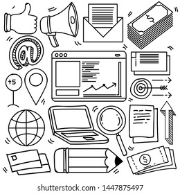 Set of business theme in doodle style isolated on white background, Vector hand drawn set business  theme. Vector illustration