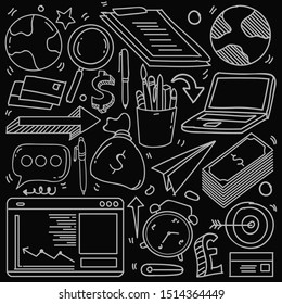 Set of business theme in doodle style isolated on black background, Vector hand drawn set business theme. Vector illustration