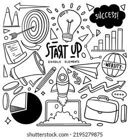 Conjunto de temas de negocios en estilo doodle aislado en fondo blanco, Vector dibujado a mano define el tema de negocios. Ilustración del vector