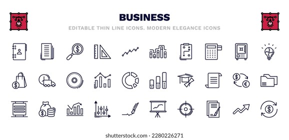 set of business thin line icons. business outline icons such as address book, money finder, graphic progression, strategic, full circle, ranking factor, basic burger, tones, target, money convert