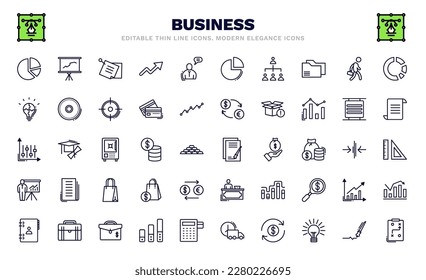 Satz von Business-Thin-Line-Symbolen. Rahmensymbole für Geschäftsbereiche wie Kreisdiagramm, Post-it, Hierarchie-Struktur, strategische, Töne, Grafik-Panel und Mann, Adressbuch, taktische Vektorgrafik.