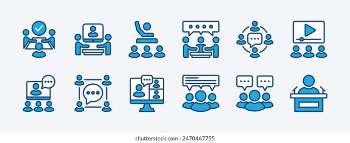 Set of business training icon. Containing conference, presentation, education, coaching, communication, discussion, meeting, learning, online video, classroom. Vector illustration