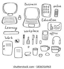 Set of business and training online and offline, vector doodle illustration, hand drawing