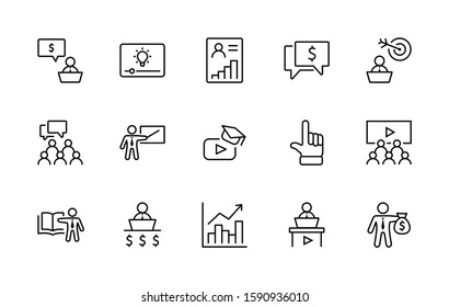 Set of Business Training Related Vector Line Icons. Contains such Icons as Teacher, Class, Presentation, Video, Book, Mentoring, Target and more. Editable Stroke. 32x32 Pixels