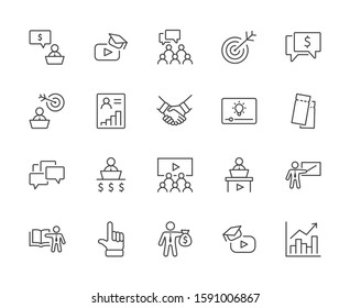 Set of Business Training Related Vector Line Icons. Contains such Icons as Teacher, Class, Presentation, Video, Book, Mentoring, Target and more. Editable Stroke. 32x32 Pixels.