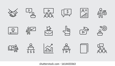 Set of Business Training Related Vector Line Icons. Contains such Icons as Teacher, Class, Presentation, Video, Book, Mentoring, Target and more. Editable Stroke. 32x32 Pixels.