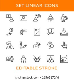 Set of Business Training Related Vector Line Icons. Contains such Icons as Teacher, Class, Presentation, Video, Book, Mentoring, Target and more. Editable Stroke. 32x32 Pixels.