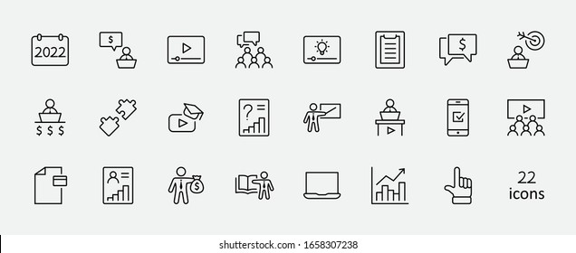 Set of Business Training Related Vector Line Icons. Contains such Icons as Teacher, Class, Presentation, Video, Book, Mentoring, Target and more. Editable Stroke. 32x32 Pixels.