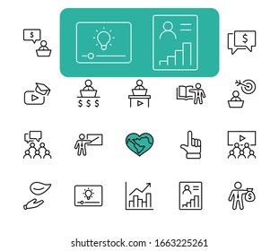 Set of Business Training Related Vector Line Icons. Contains such Icons as Teacher, Class, Presentation, Video, Book, Mentoring, Target and more. Editable Stroke. 32x32 Pixels.