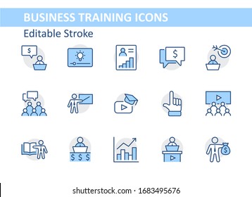 Set of Business Training Related Vector Line Icons. Contains such Icons as Teacher, Class, Presentation, Video, Book, Mentoring, Target and more. Editable Stroke. 32x32 Pixels.