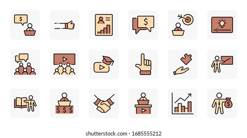 Set of Business Training Related Vector Line Icons. Contains such Icons as Teacher, Class, Presentation, Video, Book, Mentoring, Target and more. Editable Stroke. 32x32 Pixels.