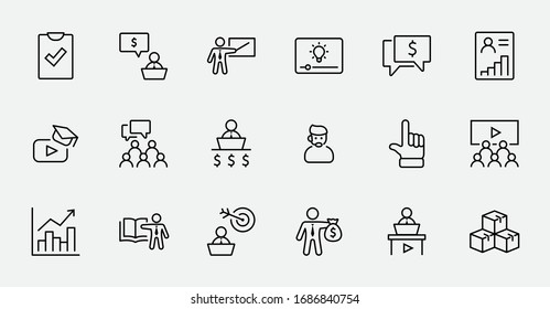 Conjunto de iconos de línea de vectores relacionados con la formación profesional. Contiene iconos como profesor, clase, presentación, video, libro, tutoría, destino y más. Trazo editable. 32x32 píxeles.