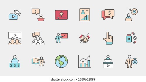 Conjunto de iconos de línea de vectores relacionados con la formación profesional. Contiene iconos como profesor, clase, presentación, video, libro, tutoría, destino y más. Trazo editable. 32x32 píxeles.