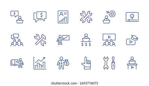 Conjunto de iconos de línea de vectores relacionados con la formación profesional. Contiene iconos como profesor, clase, presentación, video, libro, tutoría, destino y más. Trazo editable. 32x32 píxeles.