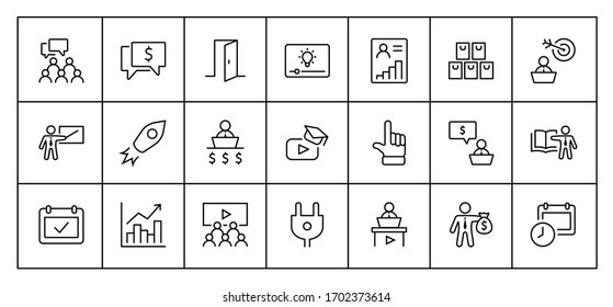 Set of Business Training Related Vector Line Icons. Contains such Icons as Teacher, Class, Presentation, Video, Book, Mentoring, Target and more. Editable Stroke. 32x32 Pixels.