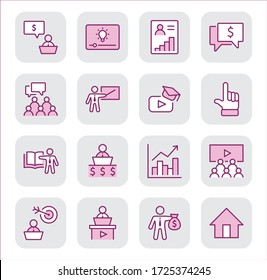 Set of Business Training Related Vector Line Icons. Contains such Icons as Teacher, Class, Presentation, Video, Book, Mentoring, Target and more. Editable Stroke. 32x32 Pixels.