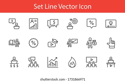 Conjunto de iconos de línea de vectores relacionados con la formación empresarial. Contiene iconos como profesor, clase, presentación, video, libro, mentoría, destino y más. Stroke editable. 32x32 píxeles.